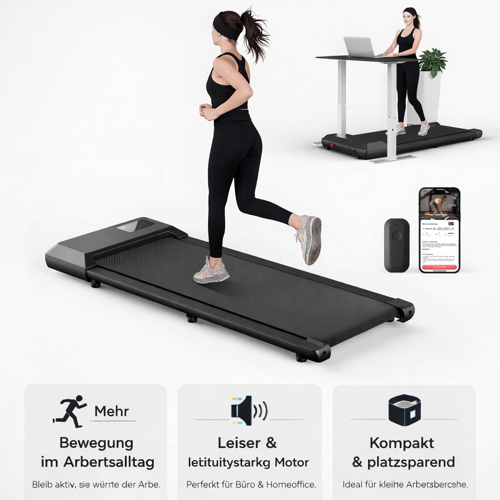 Laufband fürs Büro für mehr Bewegung im Arbeitsalltag, kompaktes Design für Homeoffice und Büro.