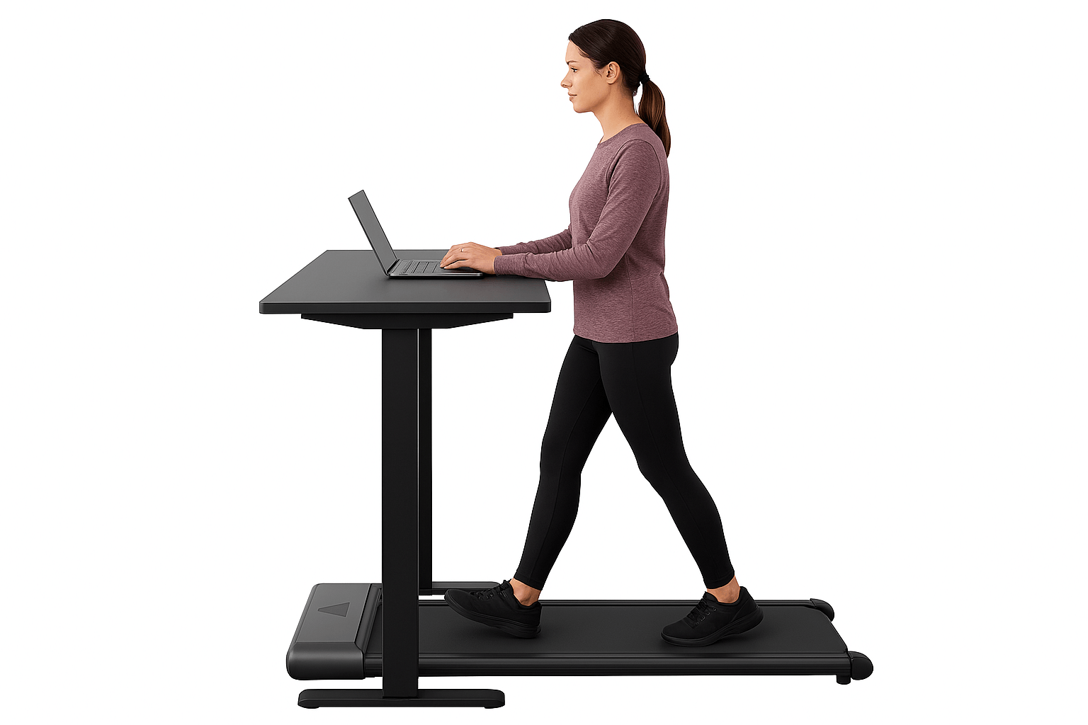 Laufband fürs Büro: Frau arbeitet am Laptop während sie auf einem Laufband geht.