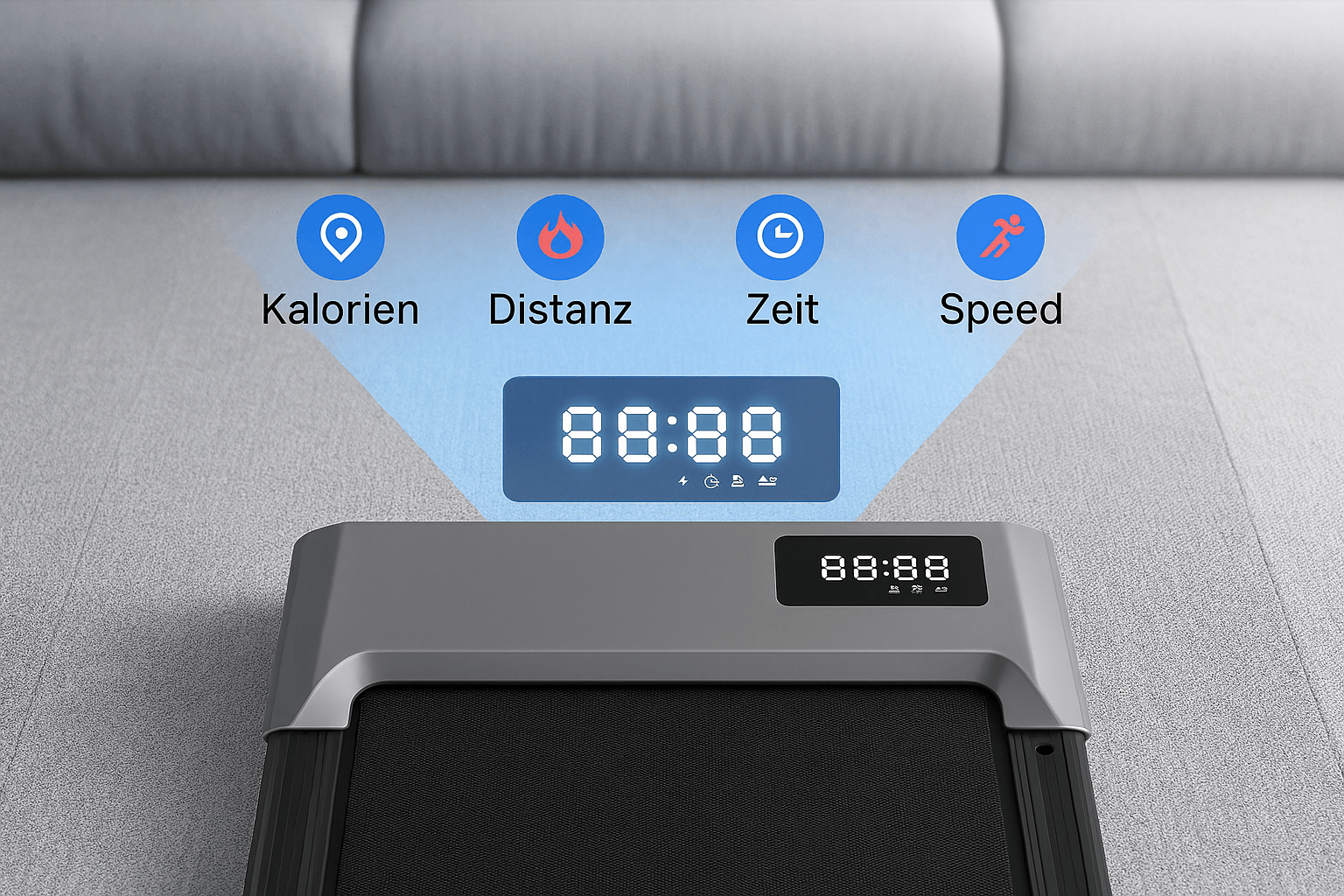 Laufband fürs Büro Display zeigt Kalorien, Distanz, Zeit und Speed für optimales Training.