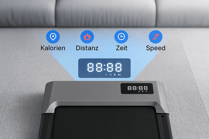 Laufband fürs Büro Display zeigt Kalorien, Distanz, Zeit und Speed für optimales Training.